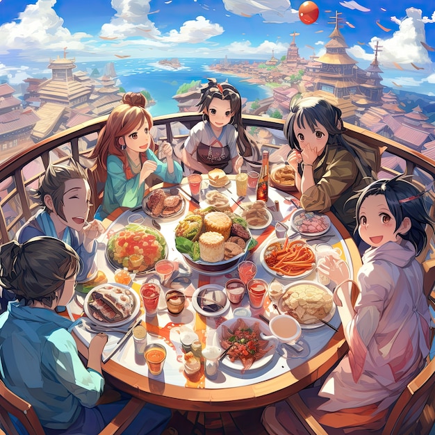 Free photo view of people enjoying delicious food at reunion dinner in anime style