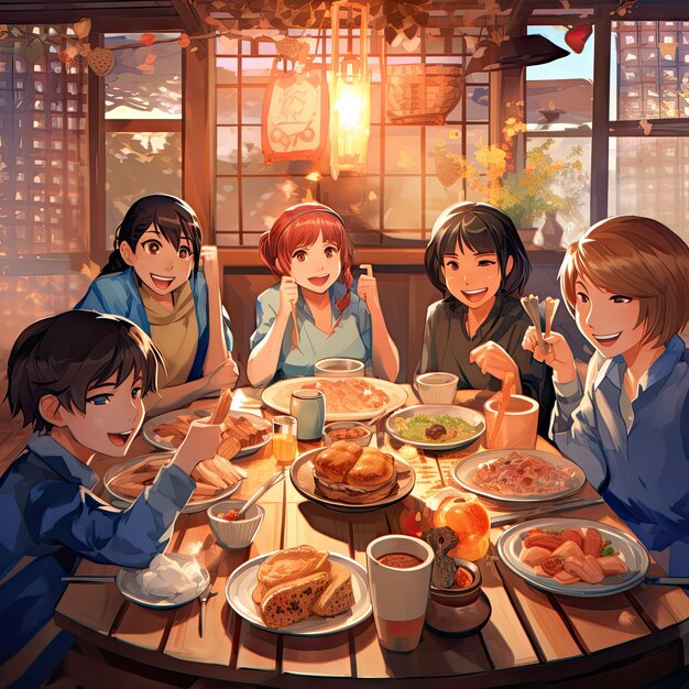 Free photo view of people enjoying delicious food at reunion dinner in anime style