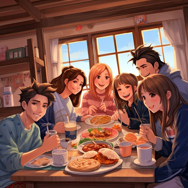 Free photo view of people enjoying delicious food at reunion dinner in anime style