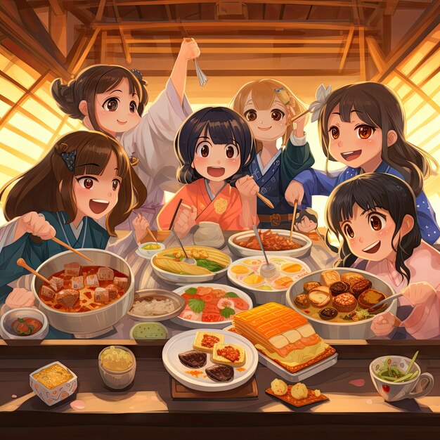 Free photo view of people enjoying delicious food at reunion dinner in anime style
