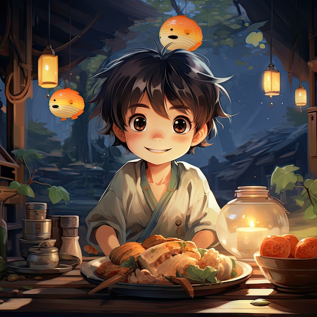 View of person enjoying delicious food at reunion dinner in anime style