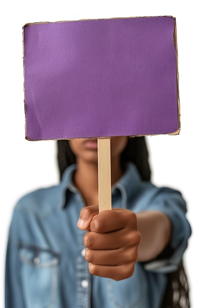 Foto gratuita vista di una persona che tiene un cartello viola vuoto per la celebrazione della giornata della donna