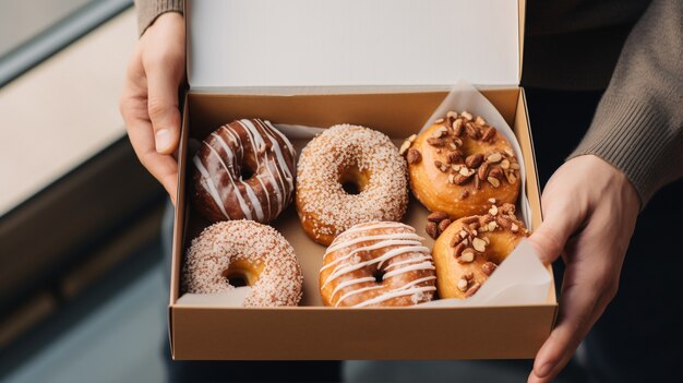 Free photo view of person holding box of delicious glazed donuts