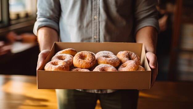 View of person holding box of delicious glazed donuts