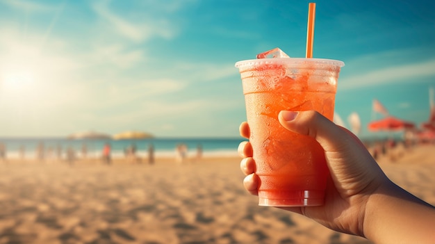 Free photo view of person holding cold drink in summer