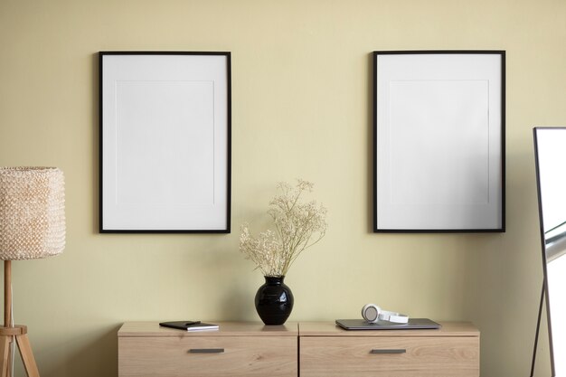 View of photo frames with home decor and interior design