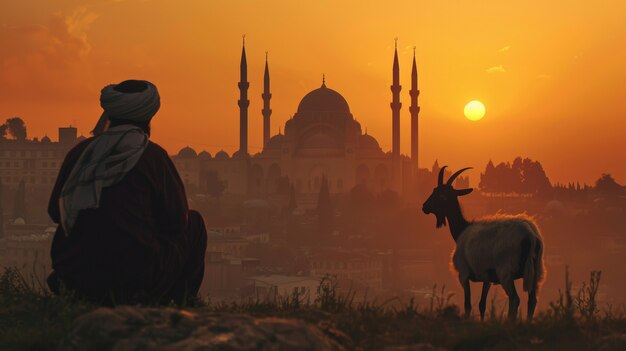 Free photo view of photorealistic muslim people with animals prepared for the eid al-adha offering