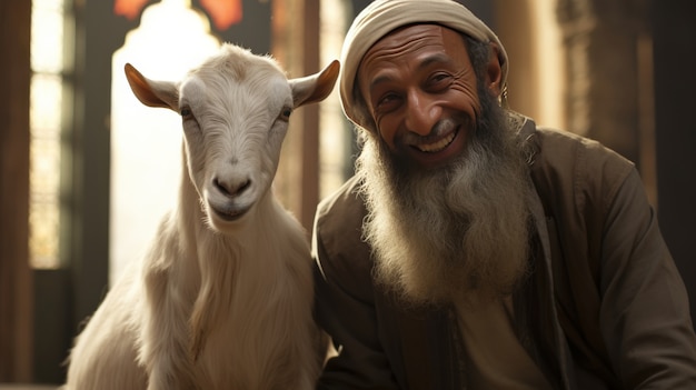 Free photo view of photorealistic muslim people with animals prepared for the eid al-adha offering