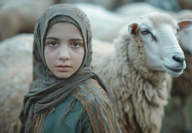 View of photorealistic muslim people with animals prepared for the eid al-adha offering