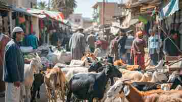 Free photo view of photorealistic muslim people with animals prepared for the eid al-adha offering