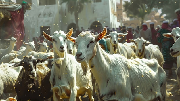 View of photorealistic muslim people with animals prepared for the eid al-adha offering