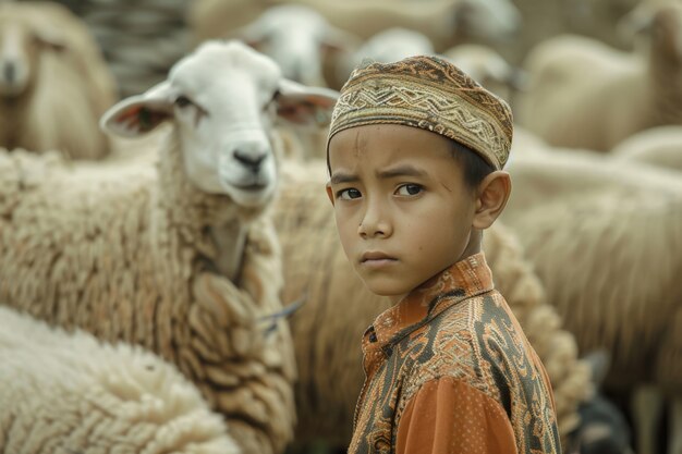 View of photorealistic muslim people with animals prepared for the eid al-adha offering