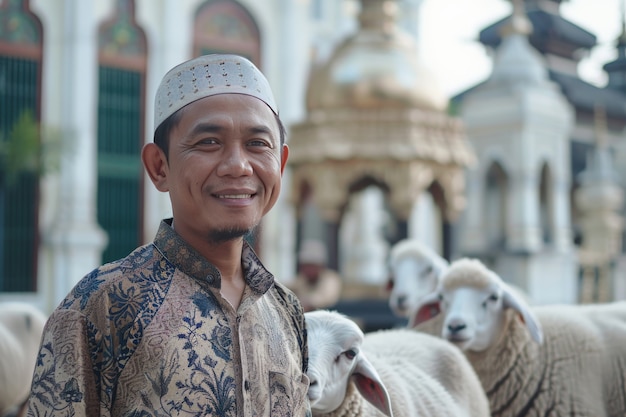 Foto gratuita vista fotorealista di musulmani con animali preparati per l'offerta dell'eid al-adha