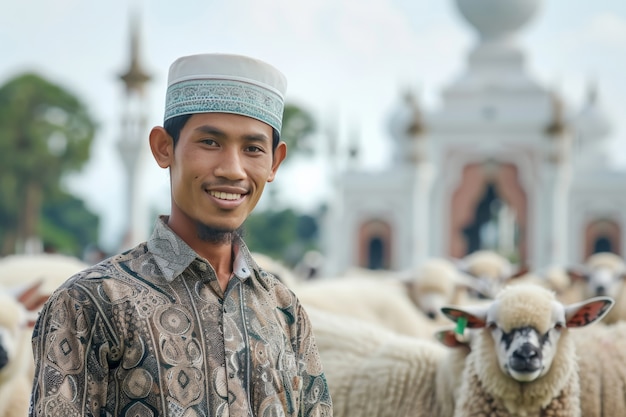 Free photo view of photorealistic muslim people with animals prepared for the eid al-adha offering