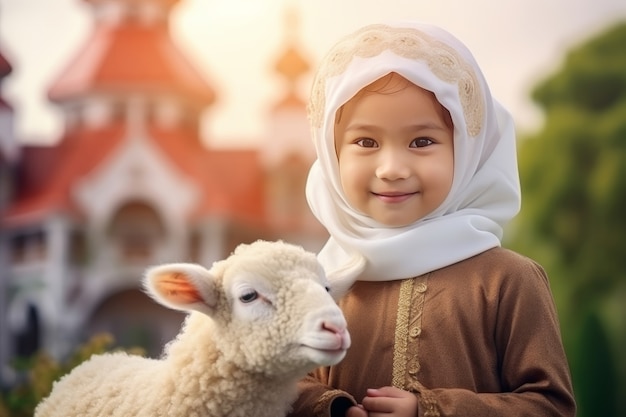 View of photorealistic muslim people with animals prepared for the eid al-adha offering