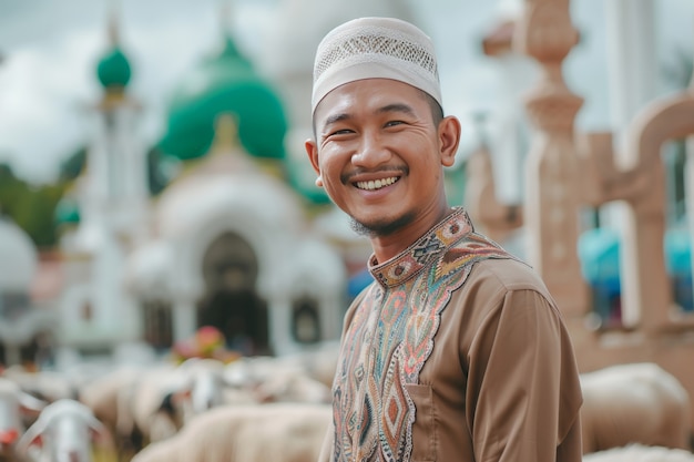 Free photo view of photorealistic muslim people with animals prepared for the eid al-adha offering