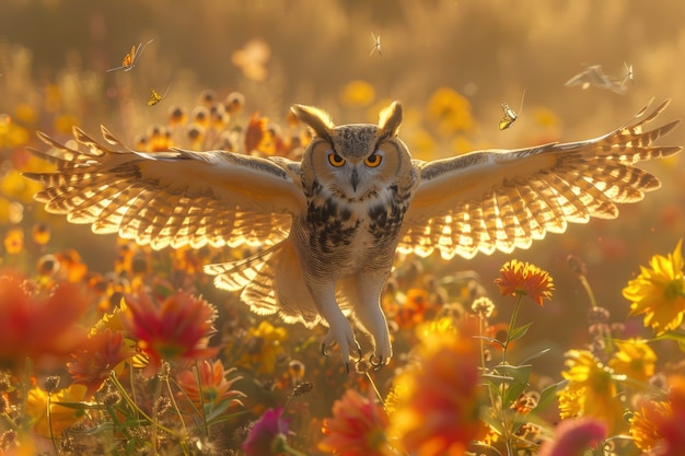 View of photorealistic owl with feathers in nature