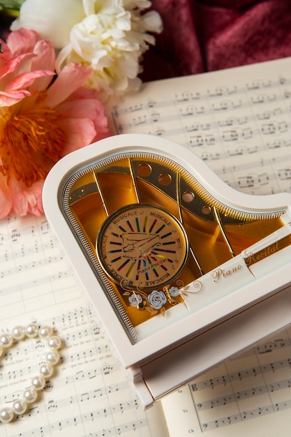 View of piano shaped music box with bohemian decor