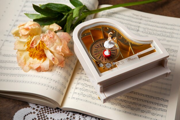 View of piano shaped music box with bohemian decor