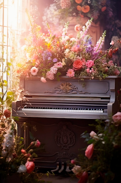 Вид фортепиано с цветущими весенними цветами
