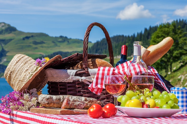 Free Photo view of picnic in french alpine mountains with lake