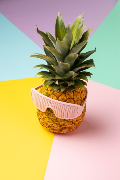 View of pineapple fruit with cool sunglasses