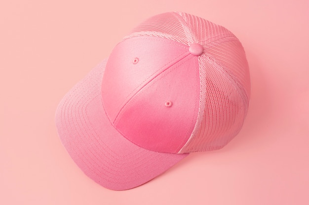 View of pink trucker hat with mesh back