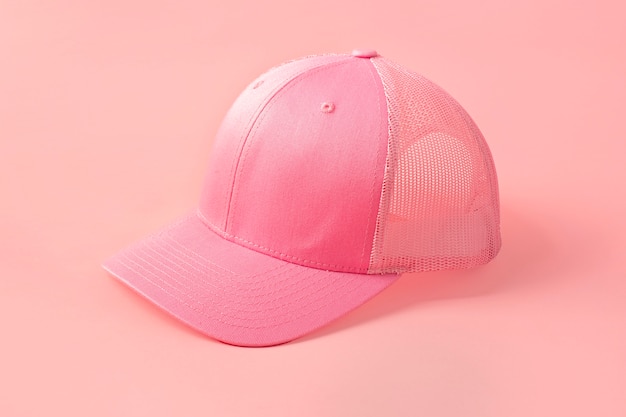 View of pink trucker hat with mesh back