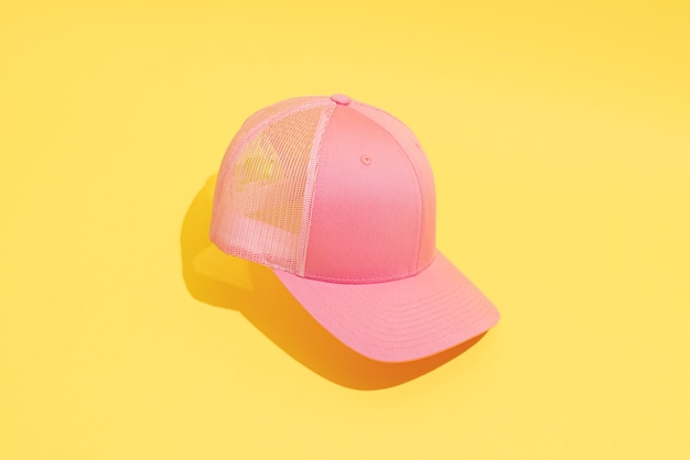 view of pink trucker hat with mesh back