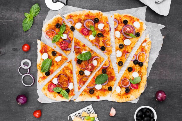 Above view pizza slices arrangement