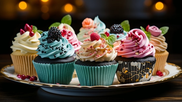 Вид на тарелку, наполненную вкусными и сладкими десертами из кексов