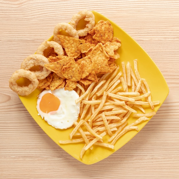 Above view plate with eggs and fries