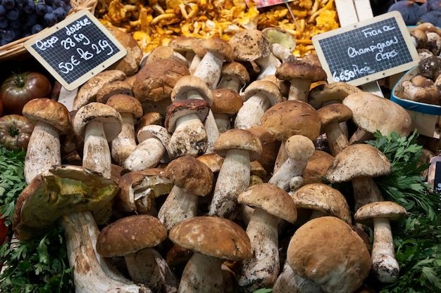 Вид на белые грибы на рынке Франции
