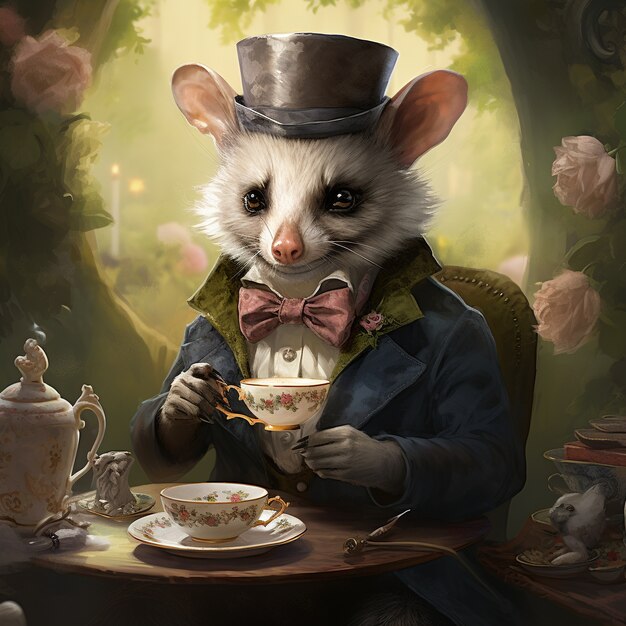 Вид на персонажа мультфильма опоссума как аристократа с чашкой чая