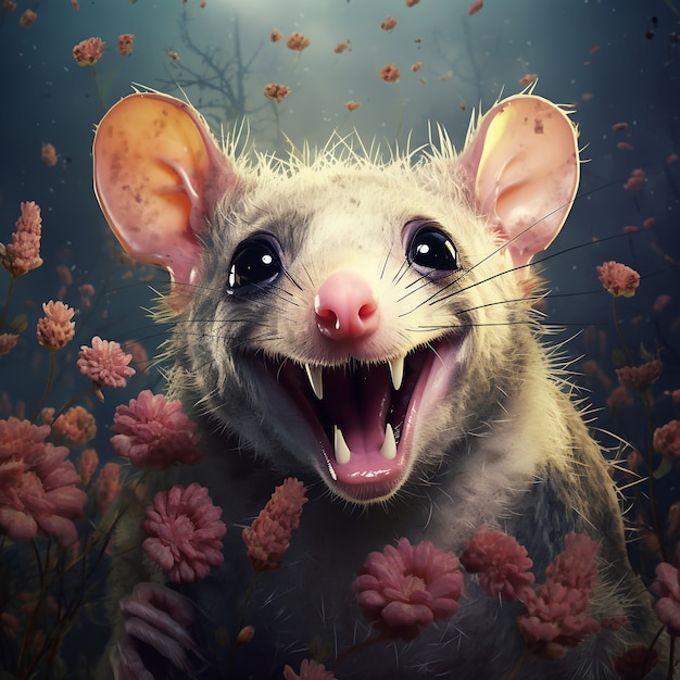 꽃을 들고 있는 주머니쥐 만화 캐릭터의 모습