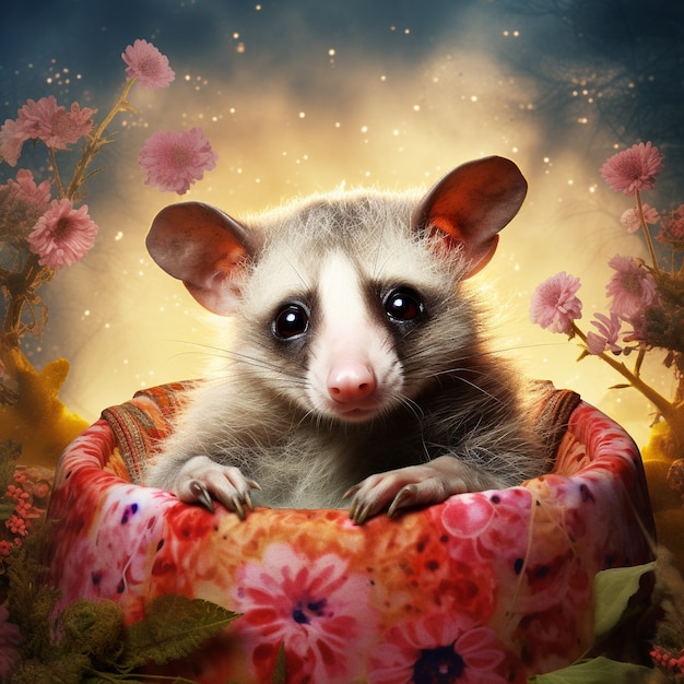 꽃을 들고 있는 주머니쥐 만화 캐릭터의 모습