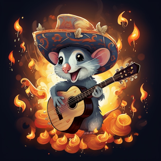 Vista del personaggio dei cartoni animati dell'opossum con la chitarra