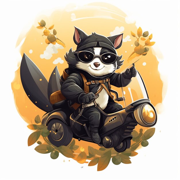 View of possum cartoon character with motorbike