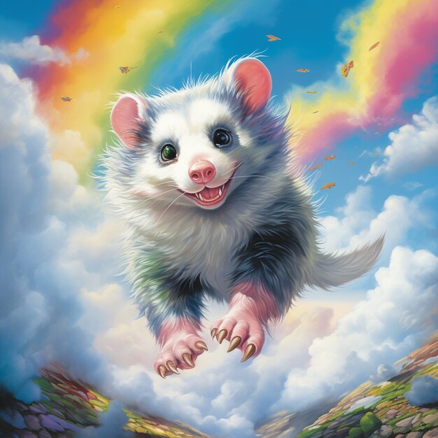 View of possum cartoon character with rainbow