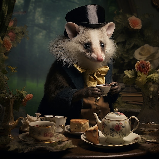 Foto gratuita vista del personaggio dei cartoni animati dell'opossum con la tazza da tè