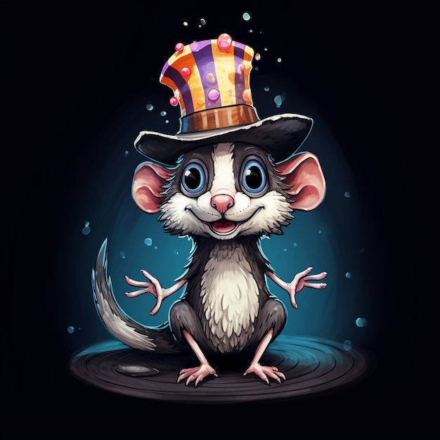 View of possum cartoon character with top hat