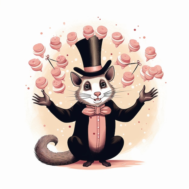 View of possum cartoon character with top hat