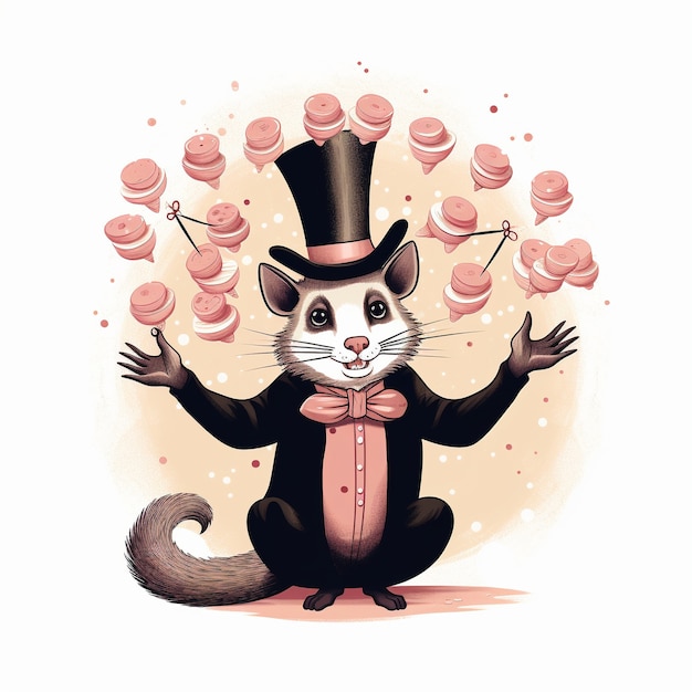 모자를 쓴 주머니쥐 만화 캐릭터의 모습