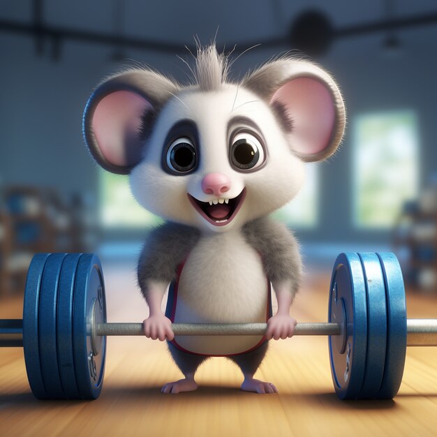 View of possum cartoon character with weights