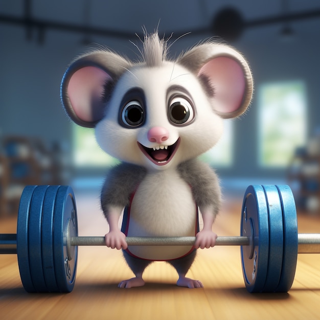 View of possum cartoon character with weights