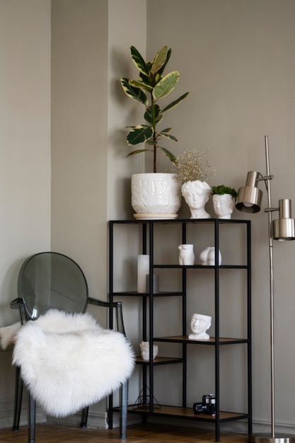 Free photo view of potted plant in room on metal shelf