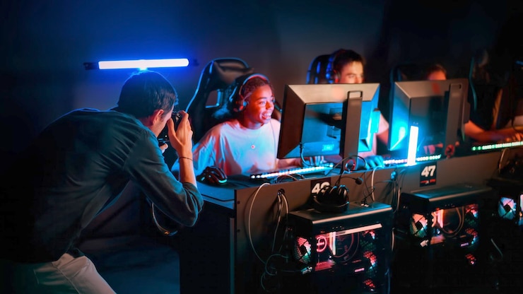 無料Photo ビデオゲームでヘッドセットを付けてビデオゲームをプレイしている十代の若者たちを撮影するプロの写真家の眺め