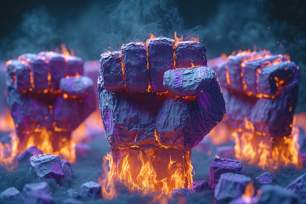 View of purple fists with fire for womens day celebration