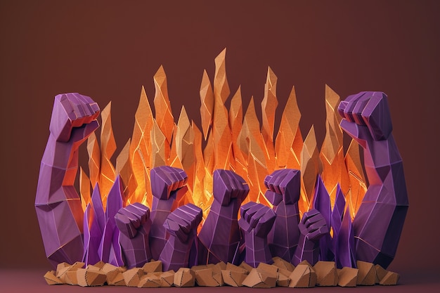 Foto gratuita vista dei pugni viola con il fuoco per la celebrazione della giornata della donna
