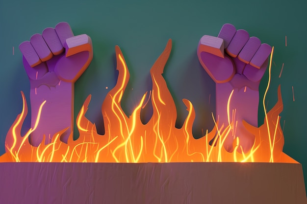 View of purple fists with fire for womens day celebration